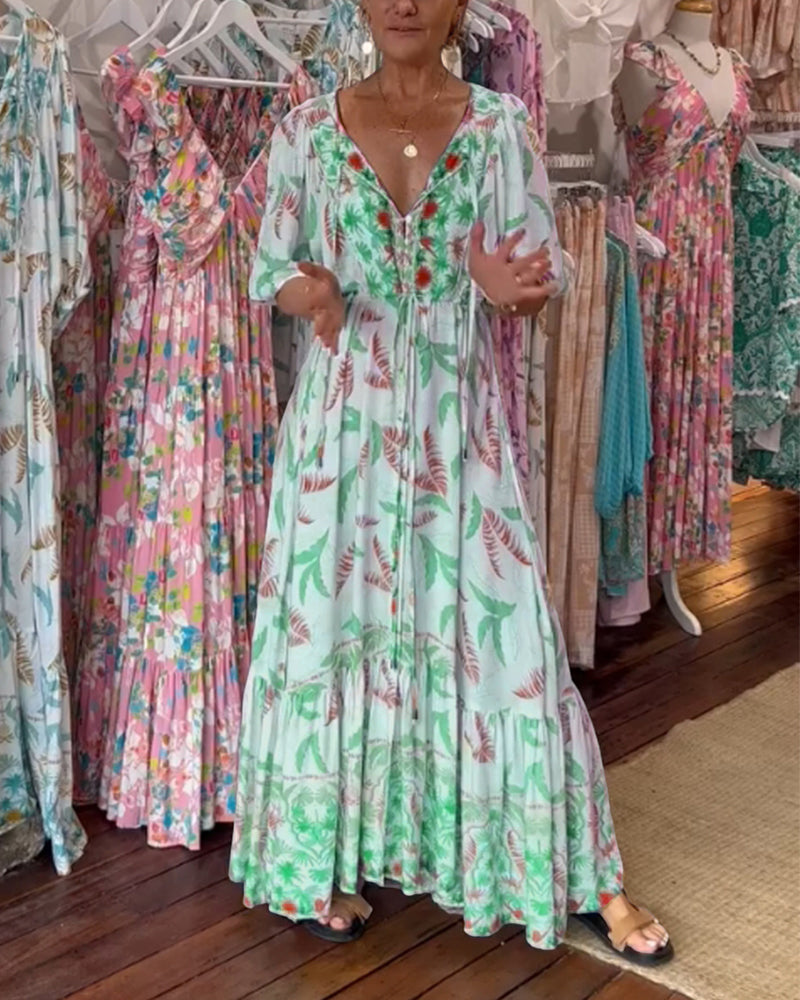 Robe maxi à imprimé feuilles avec décolleté en V pour femmes