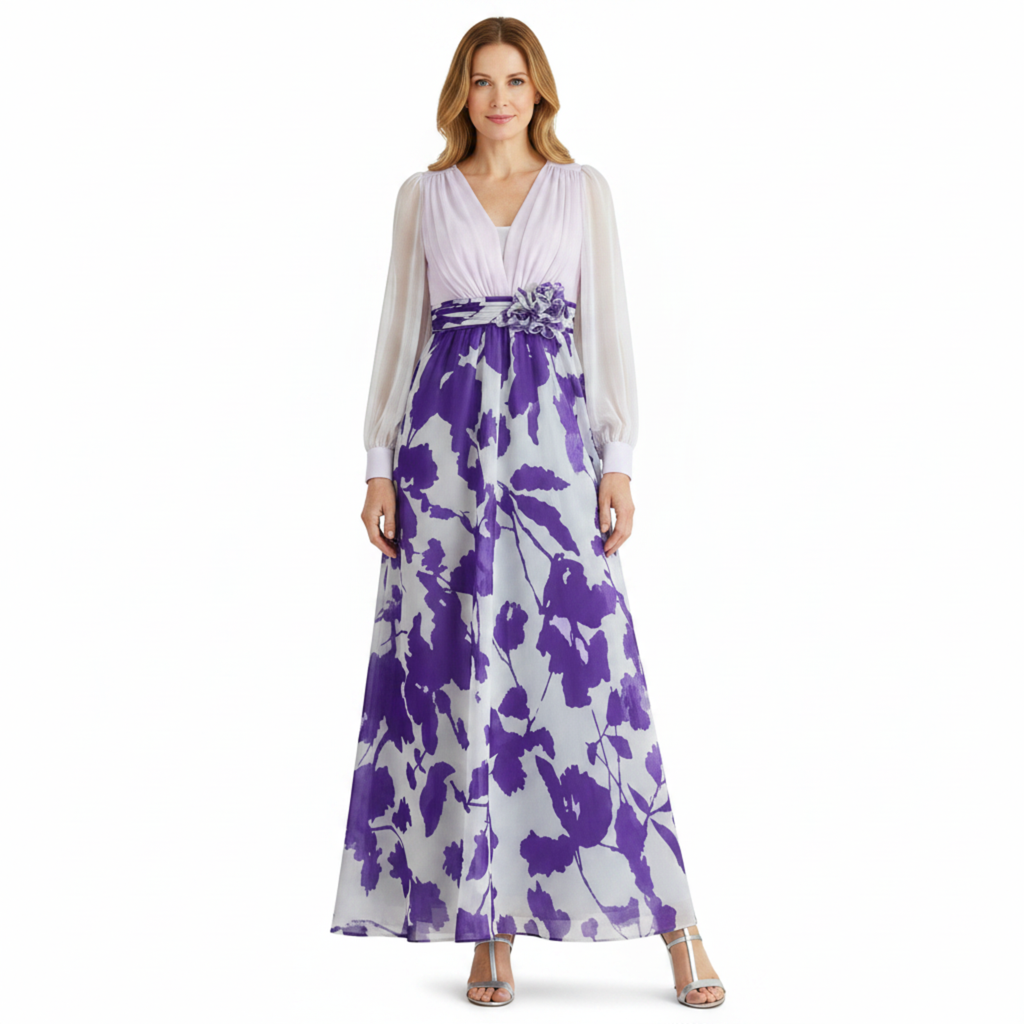 Robe de Soirée Wedding Guest Dress Fleurie avec Manches Ballons et Col en V