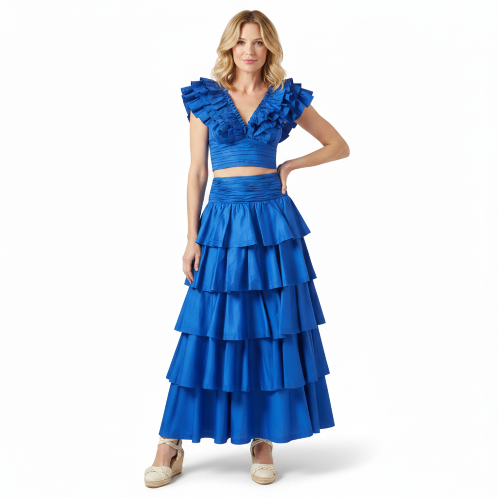 Ensemble Jupe Longue et Crop Top à Volants en Satin pour Femme