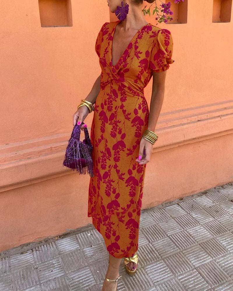 Robe A-Line à Manches Bouffantes et Imprimé Élégant de Feuilles en V Profond