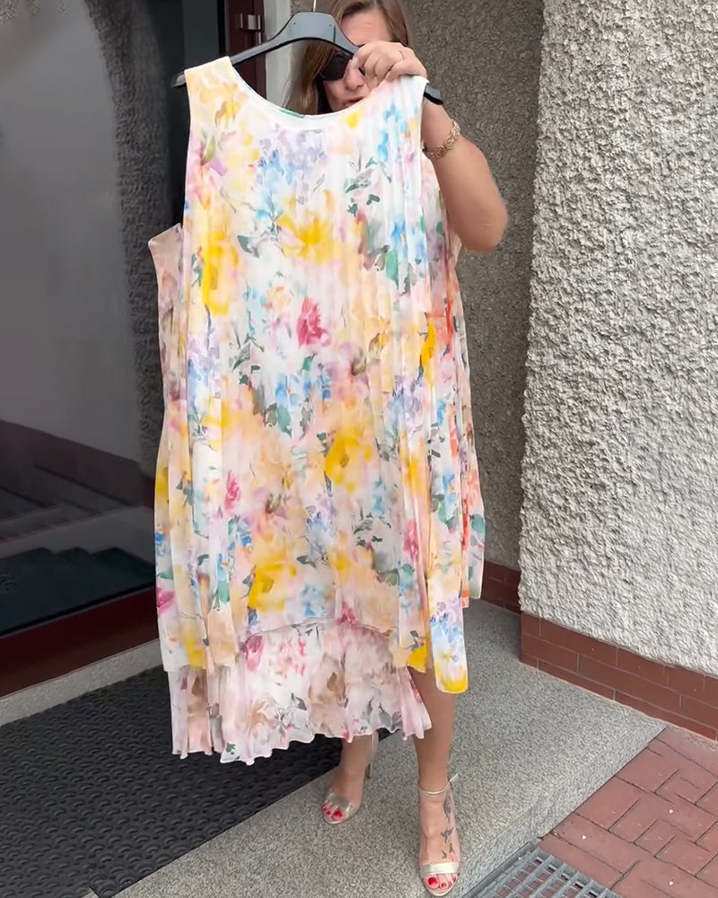 Robe Fleurie Plissée Sans Manches