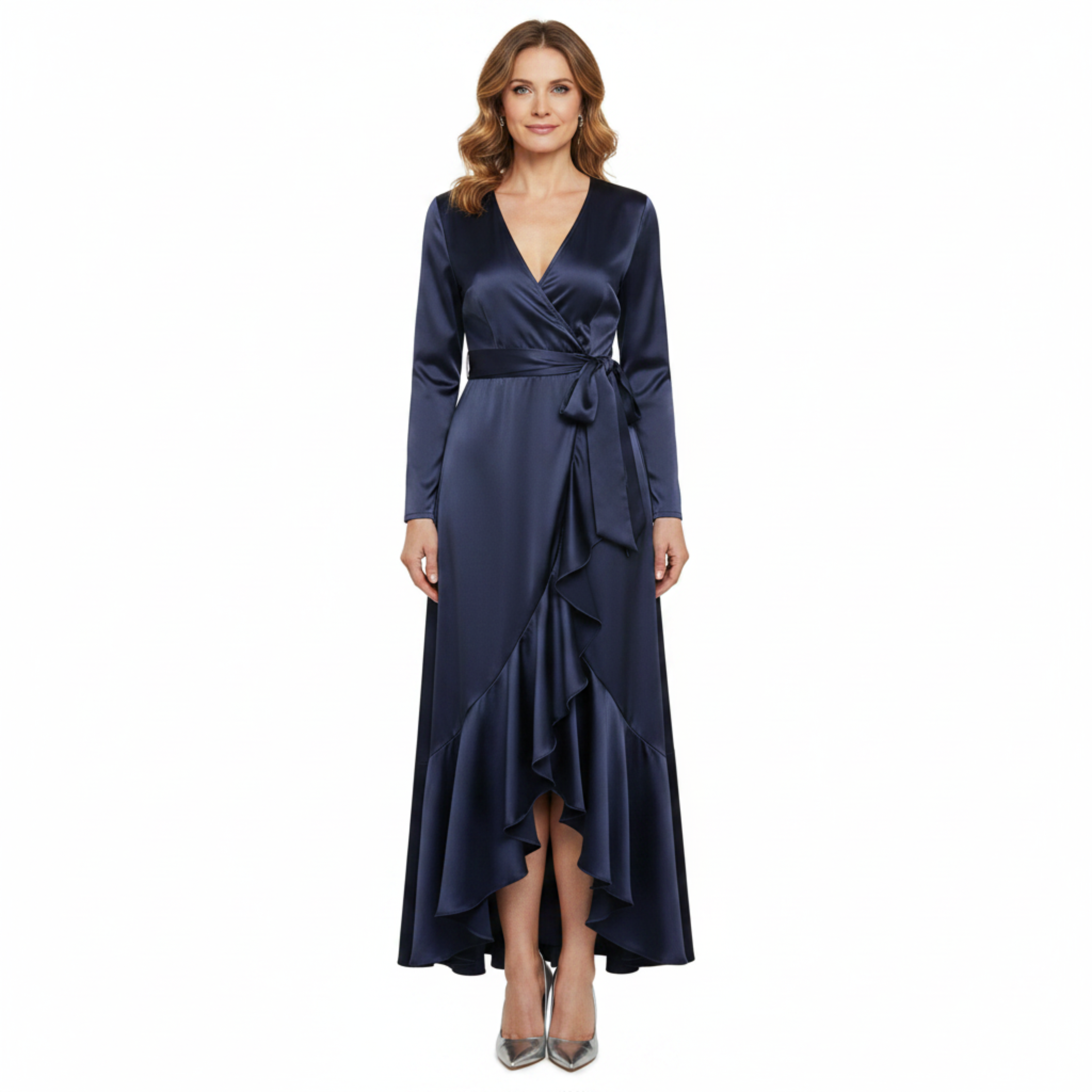 Robe de Cocktail Longue en Satin Design Cache-Cœur avec Jupe Cascade