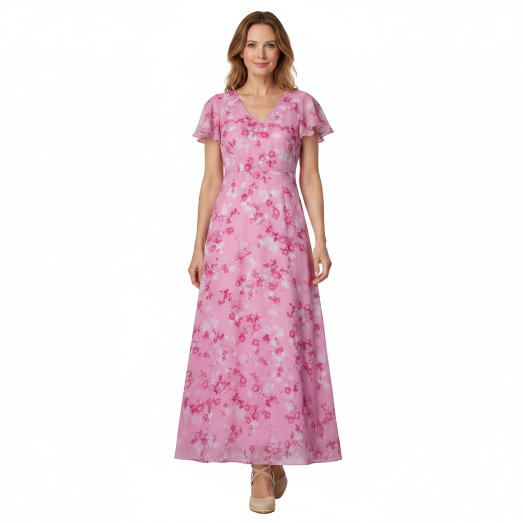 Robe de Soirée Invité de Mariage Longue en Mousseline à Manches Papillon