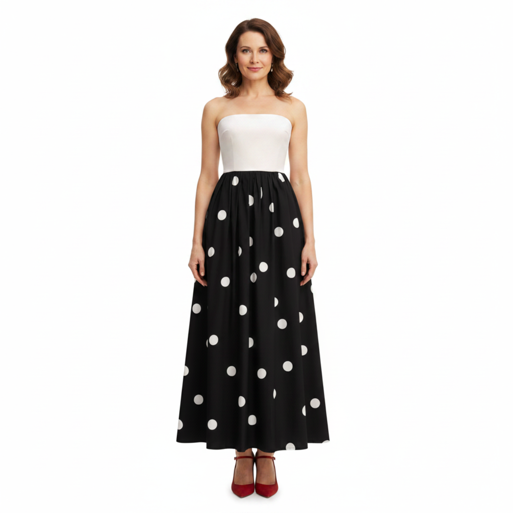 Robe Maxi à Pois avec Bustier Sans Bretelles et Jupe Évasée