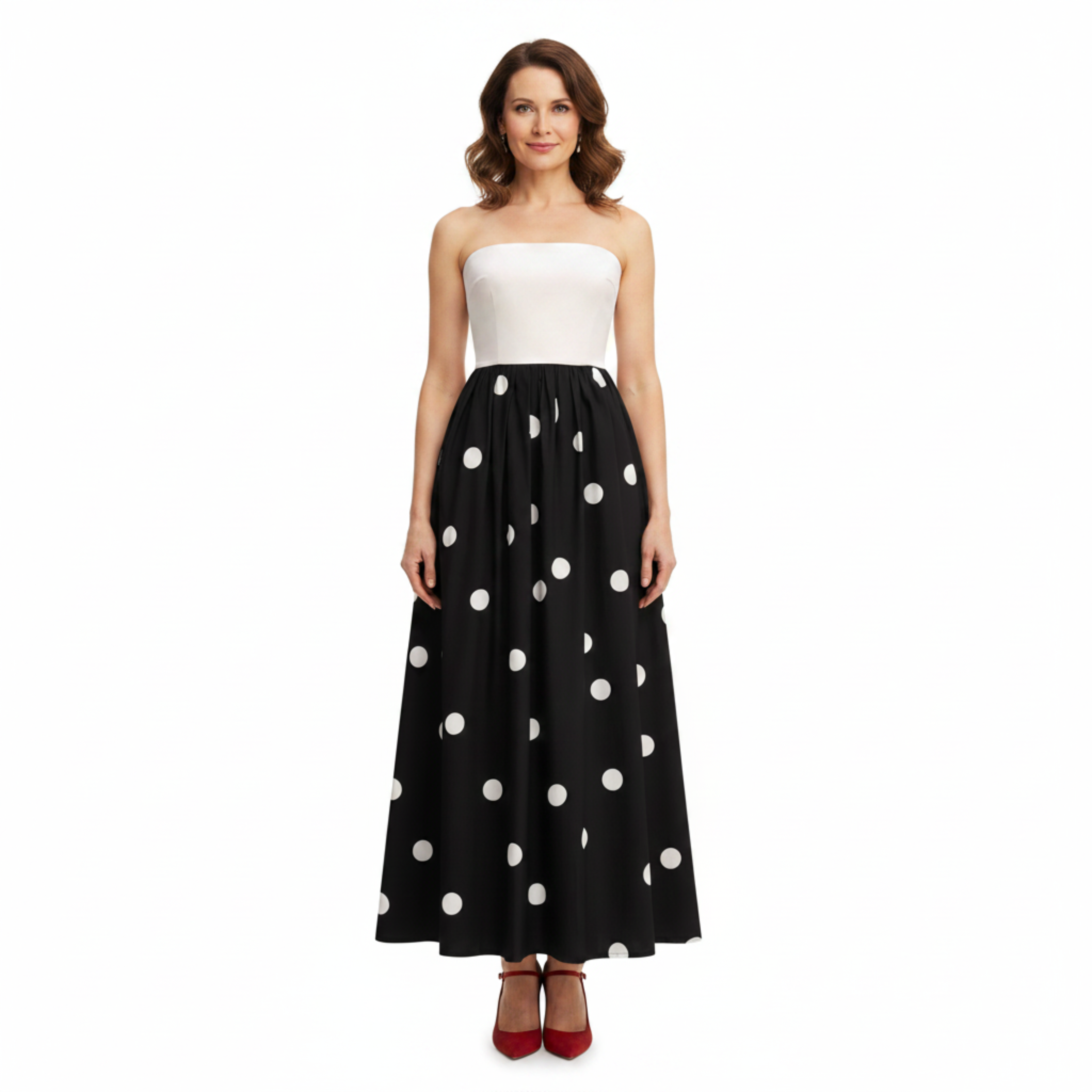 Robe Maxi à Pois avec Bustier Sans Bretelles et Jupe Évasée