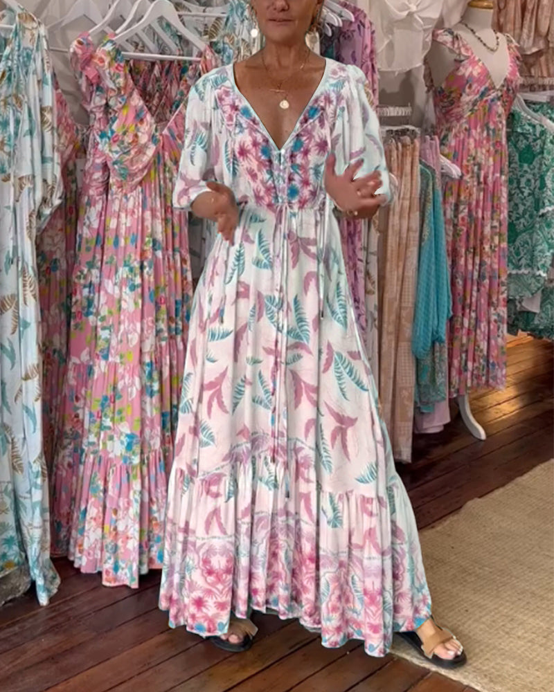 Robe maxi à imprimé feuilles avec décolleté en V pour femmes