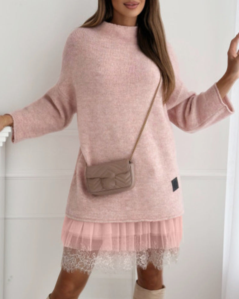 Ensemble de robe en maille à col haut de couleur unie décontractée