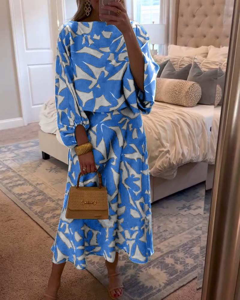 Ensemble de Robe Décontractée à Manches Lanternes Imprimées
