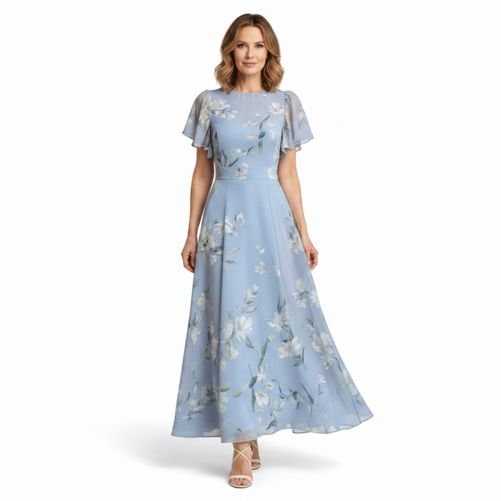 Robe Longue Fleurie pour Femme avec Manches à Volants et Coupe Évasée