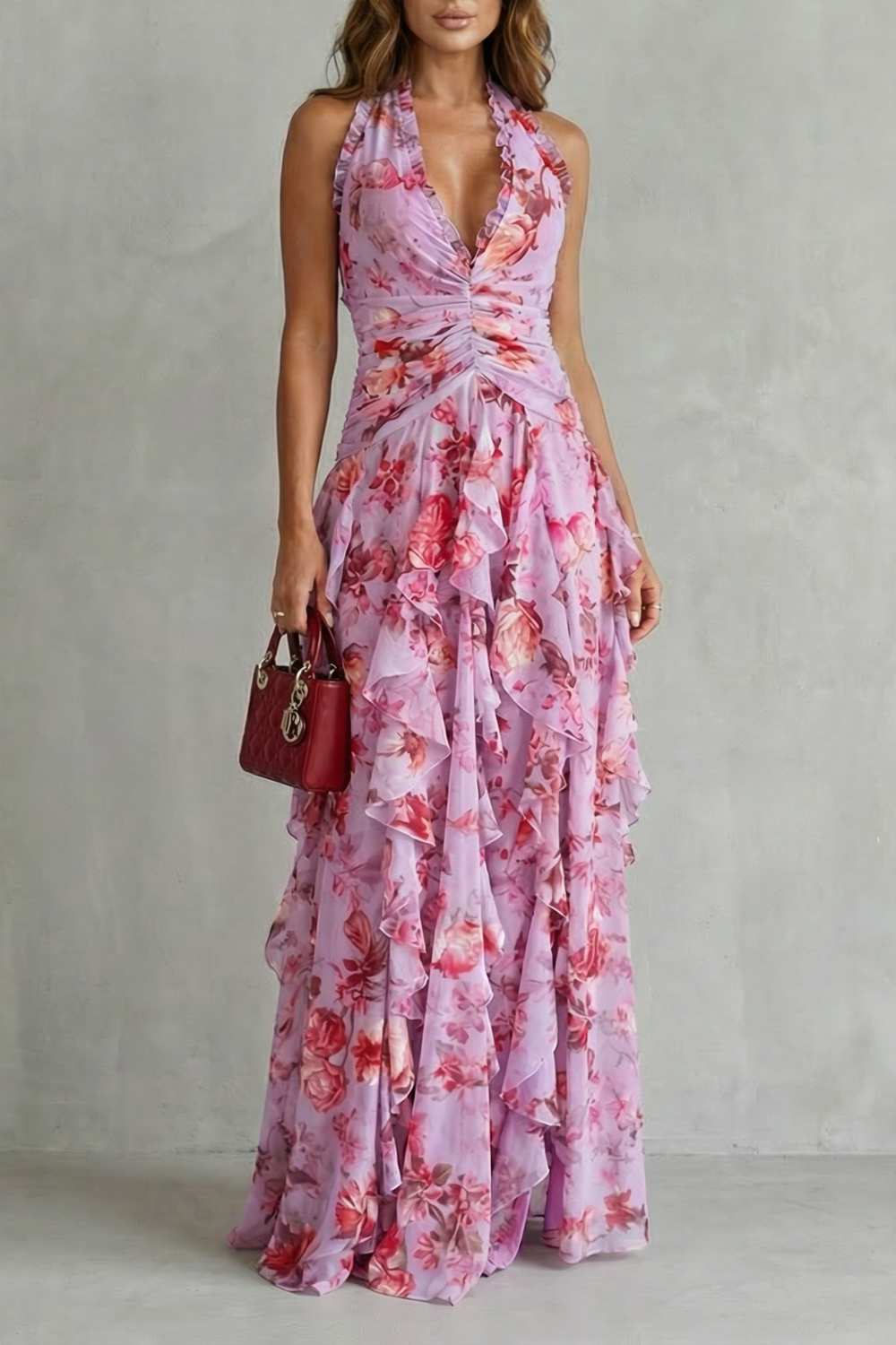Belladina Robe Maxi à Bretelles en Cascade de Roses Envoûtantes
