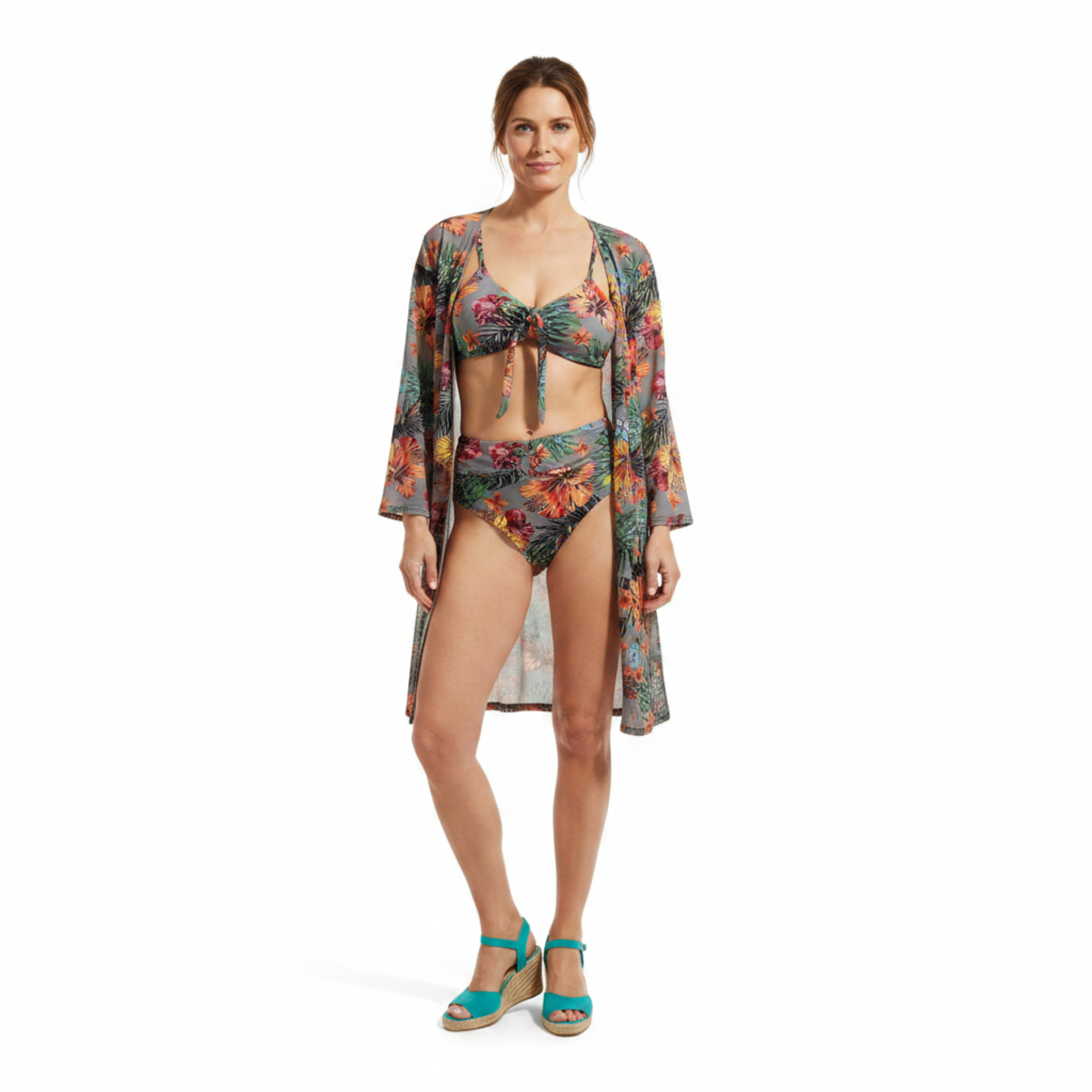 Ensemble Bikini 3 Pièces pour Femme avec Kimono Assorti et Motif Floral