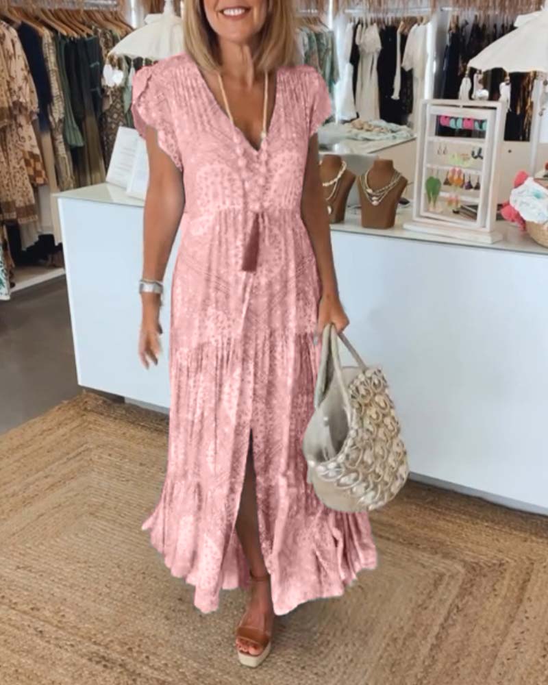 Robe à manches fendues en V imprimée pour les vacances