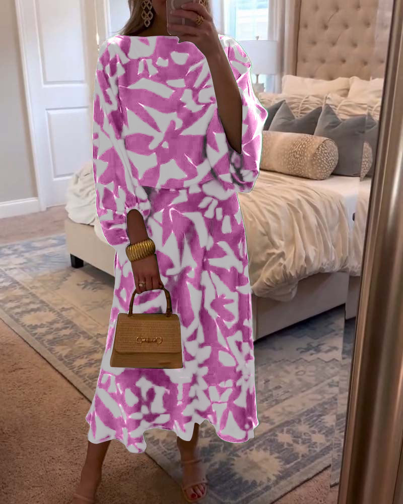 Ensemble de Robe Décontractée à Manches Lanternes Imprimées