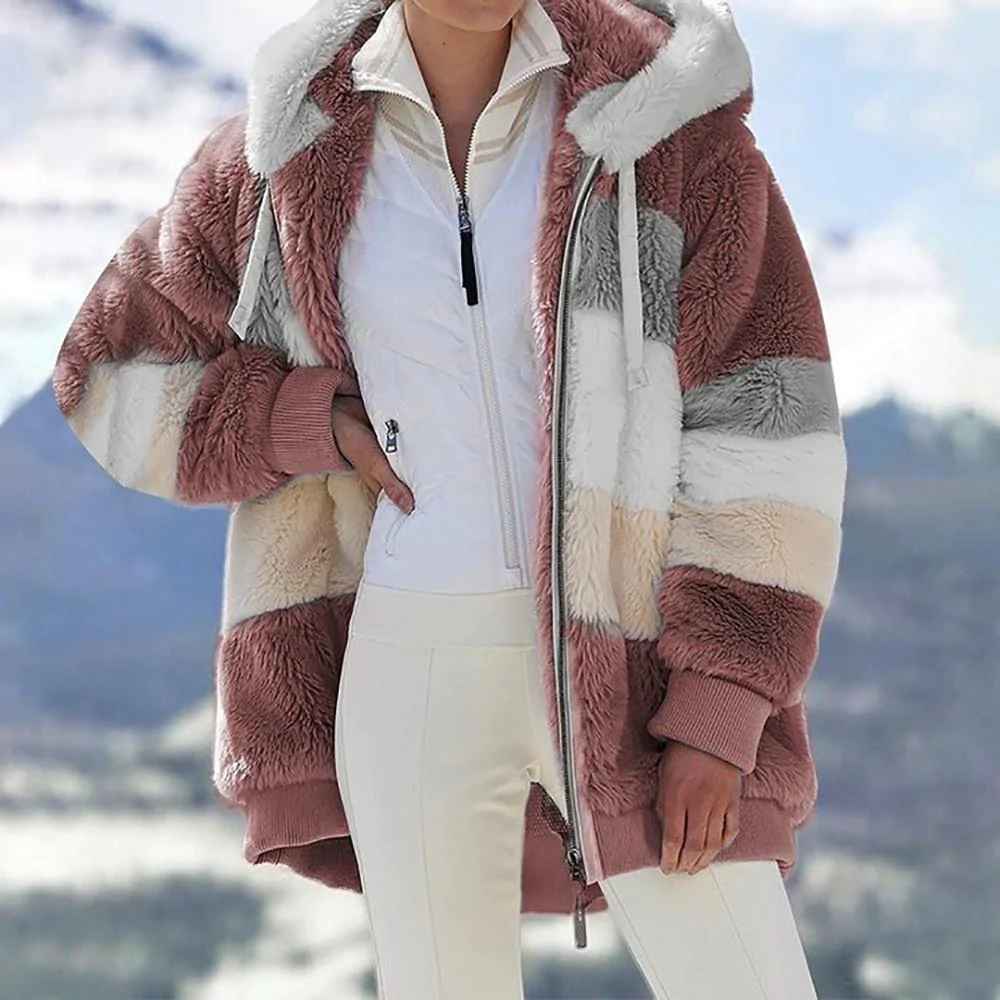 Veste d'hiver en Teddy pour Femme avec Capuche et Blocs de Couleur