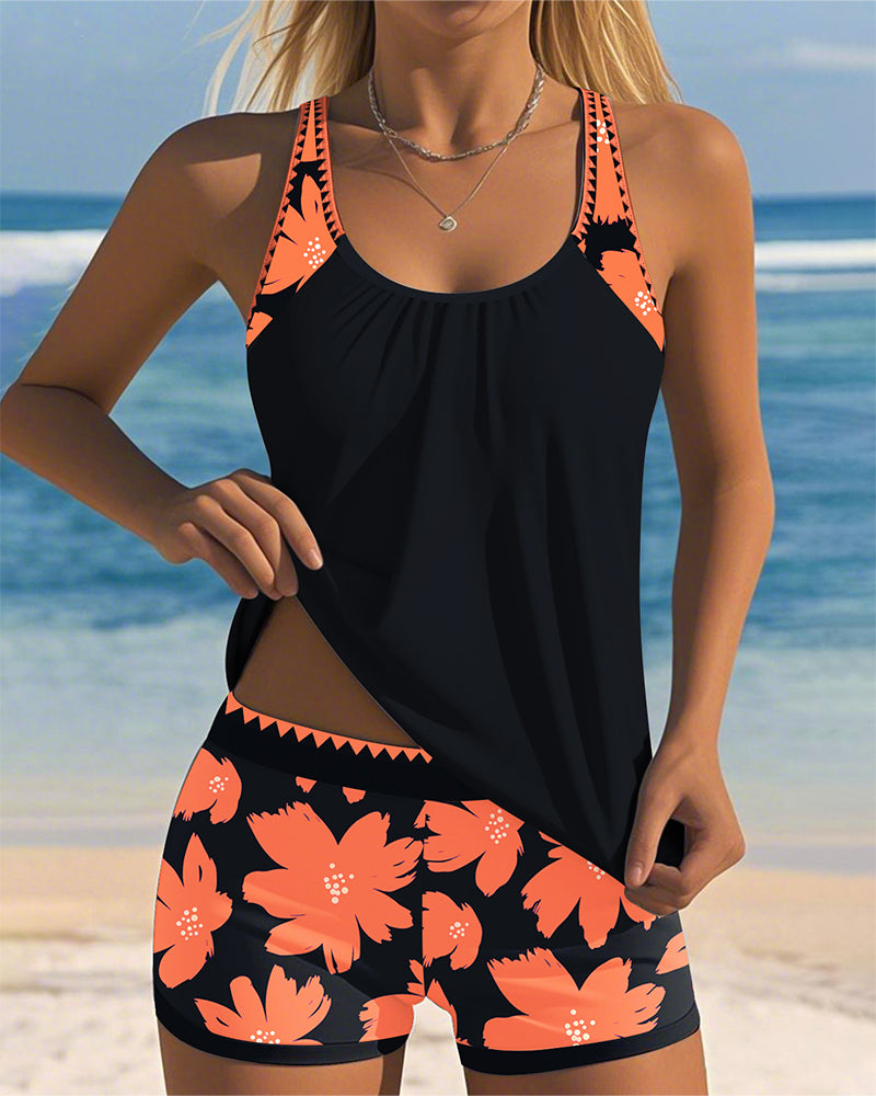 Tankini à Imprimé Sans Manches Col U