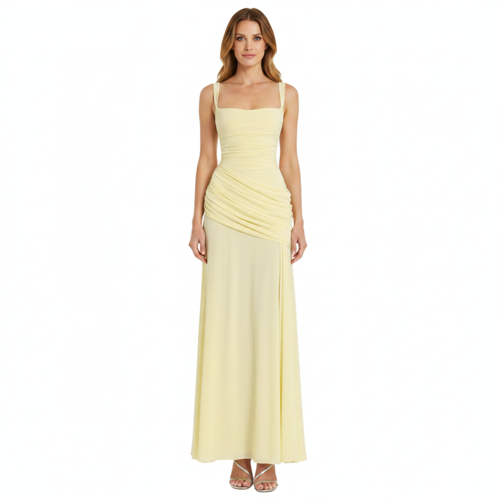 Robe Invitée de Mariage Longue à Col Carré et Taille Froncée pour Femme