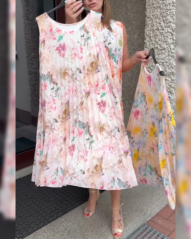 Robe Fleurie Plissée Sans Manches
