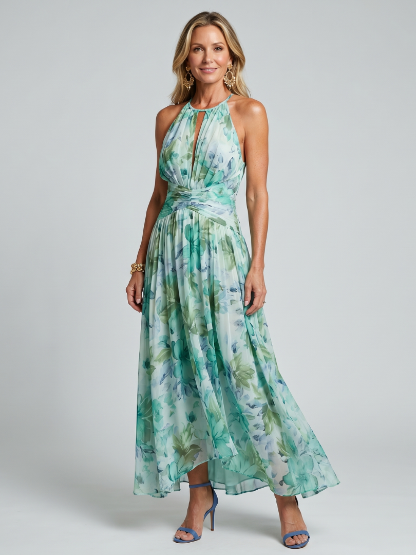 Portia | Robe à bretelles plissée avec un doux motif floral en longueur midi