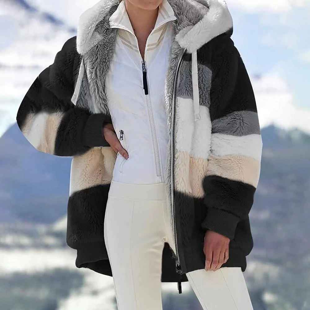Veste d'hiver en Teddy pour Femme avec Capuche et Blocs de Couleur