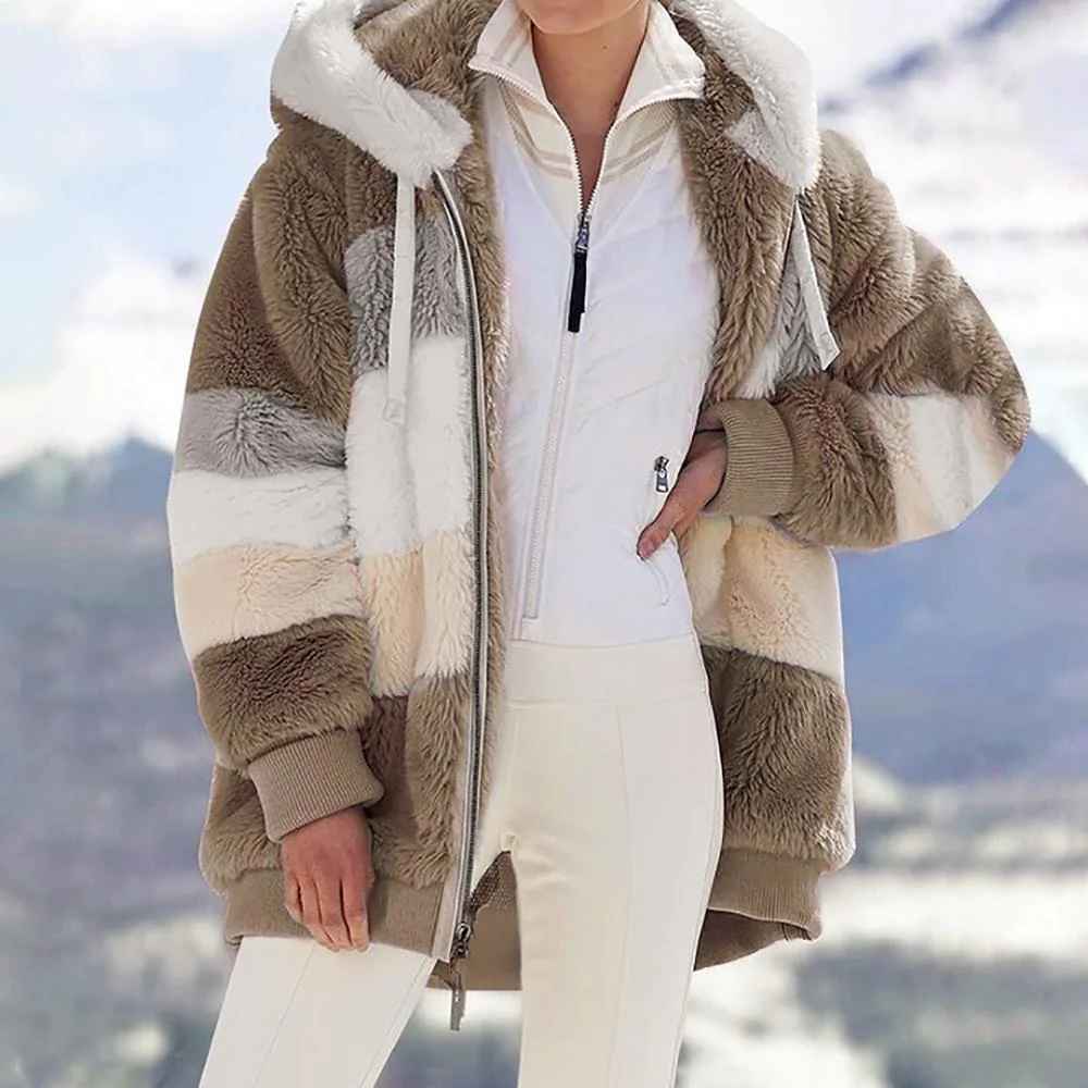 Veste d'hiver en Teddy pour Femme avec Capuche et Blocs de Couleur