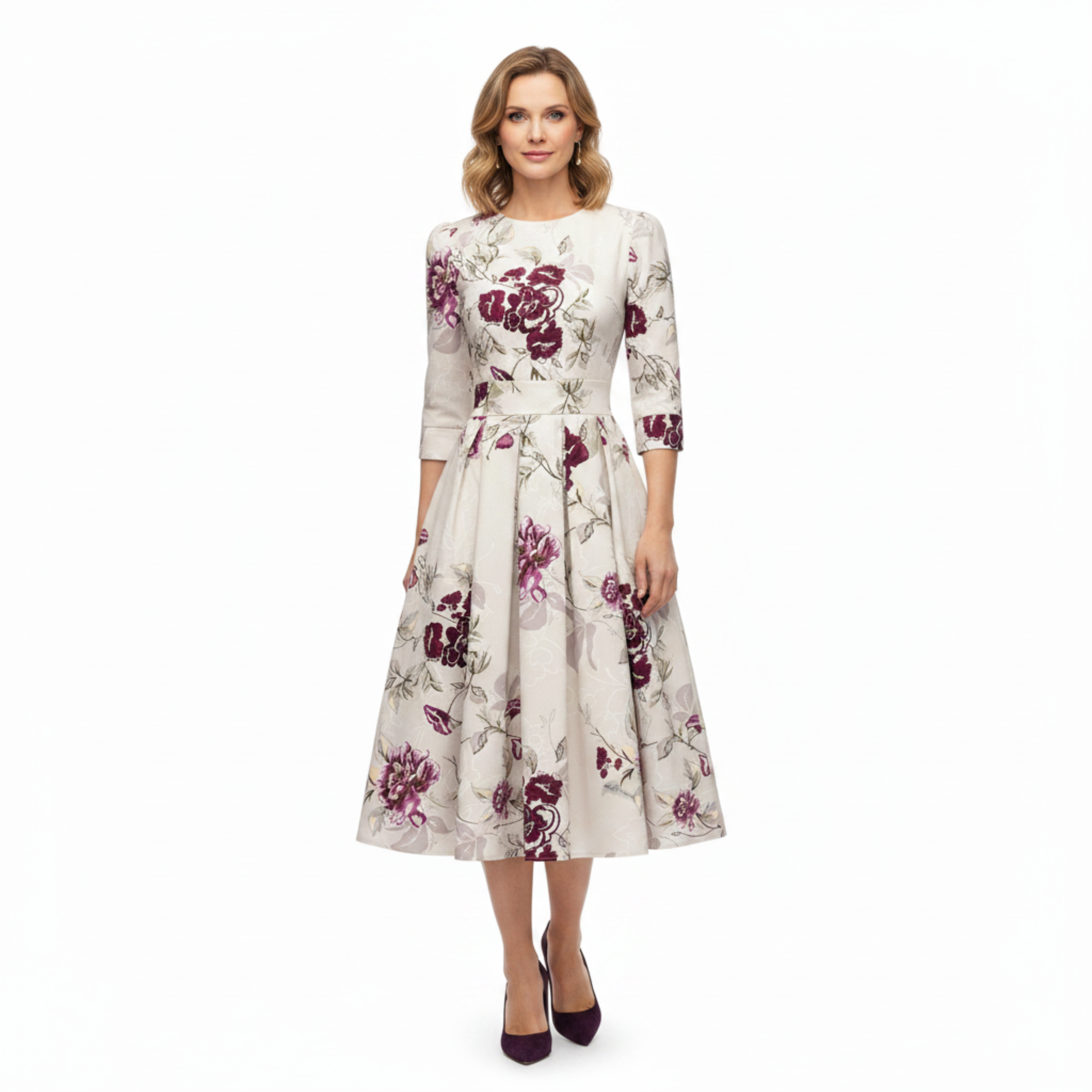 Robe de Soirée Midi Imprimé Fleuri à Manches 3/4 pour Invitée de Mariage