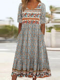 Abigail | Robe midi à manches courtes et décolleté carré imprimé boho pour femmes