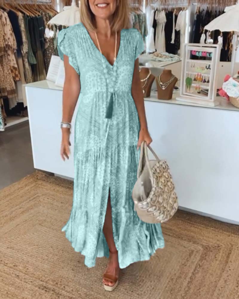 Robe à manches fendues en V imprimée pour les vacances