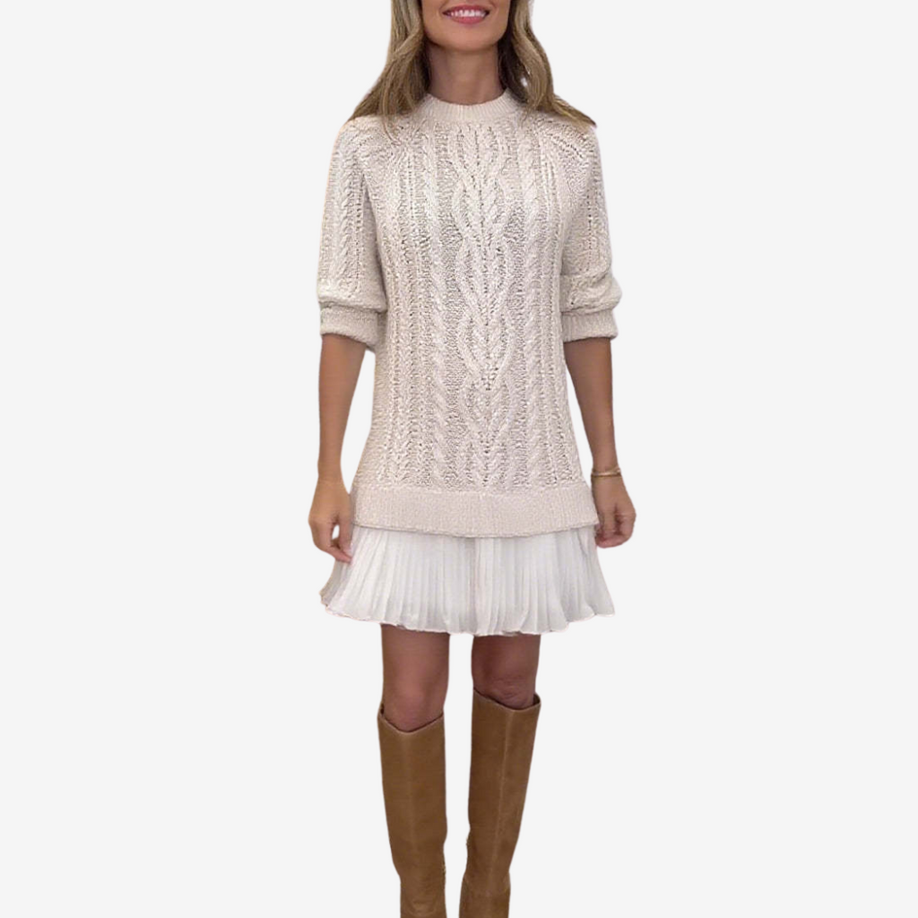 Robe Tricotée Femme avec Volant Plissé et Devant en Tricot à Cable