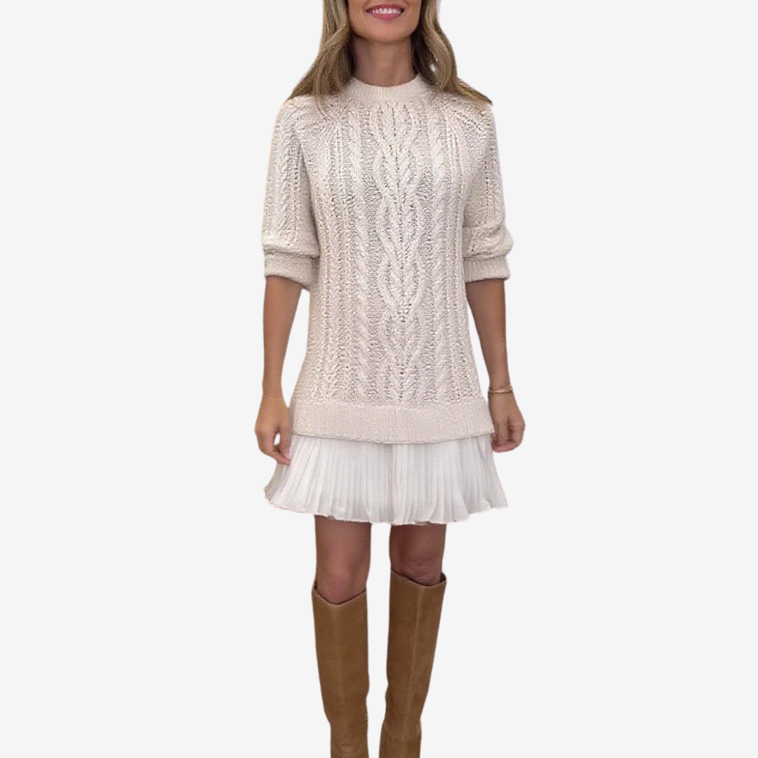 Robe Tricotée Femme avec Volant Plissé et Devant en Tricot à Cable