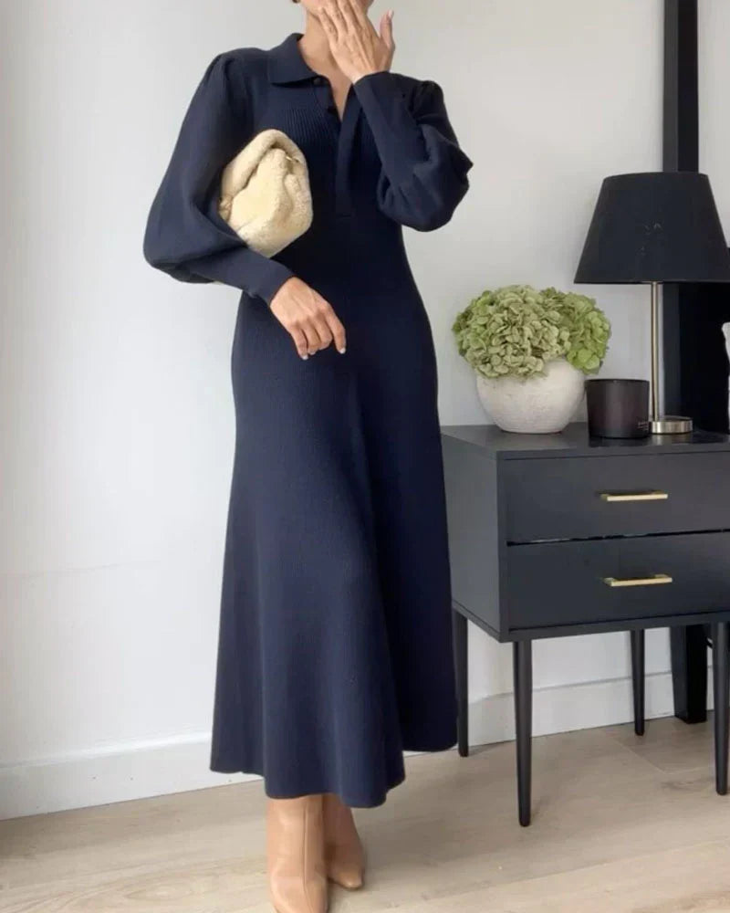 Robe Midi Tricotée pour Femme avec Col Polo et Coupe A