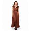 Robe Longue en Satin pour Femme avec Col en V et Manches Courtes Style Cape