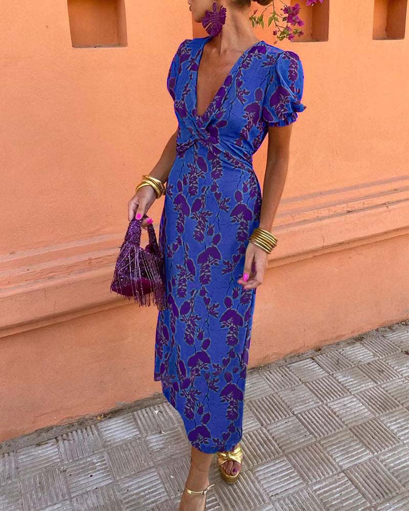 Robe A-Line à Manches Bouffantes et Imprimé Élégant de Feuilles en V Profond