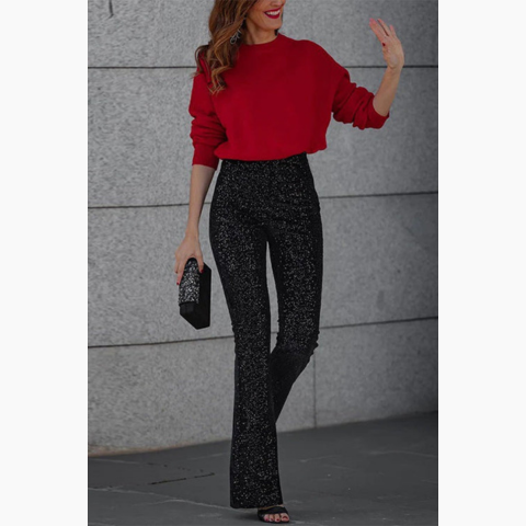 Pantalon évasé à paillettes pour femme | Taille haute