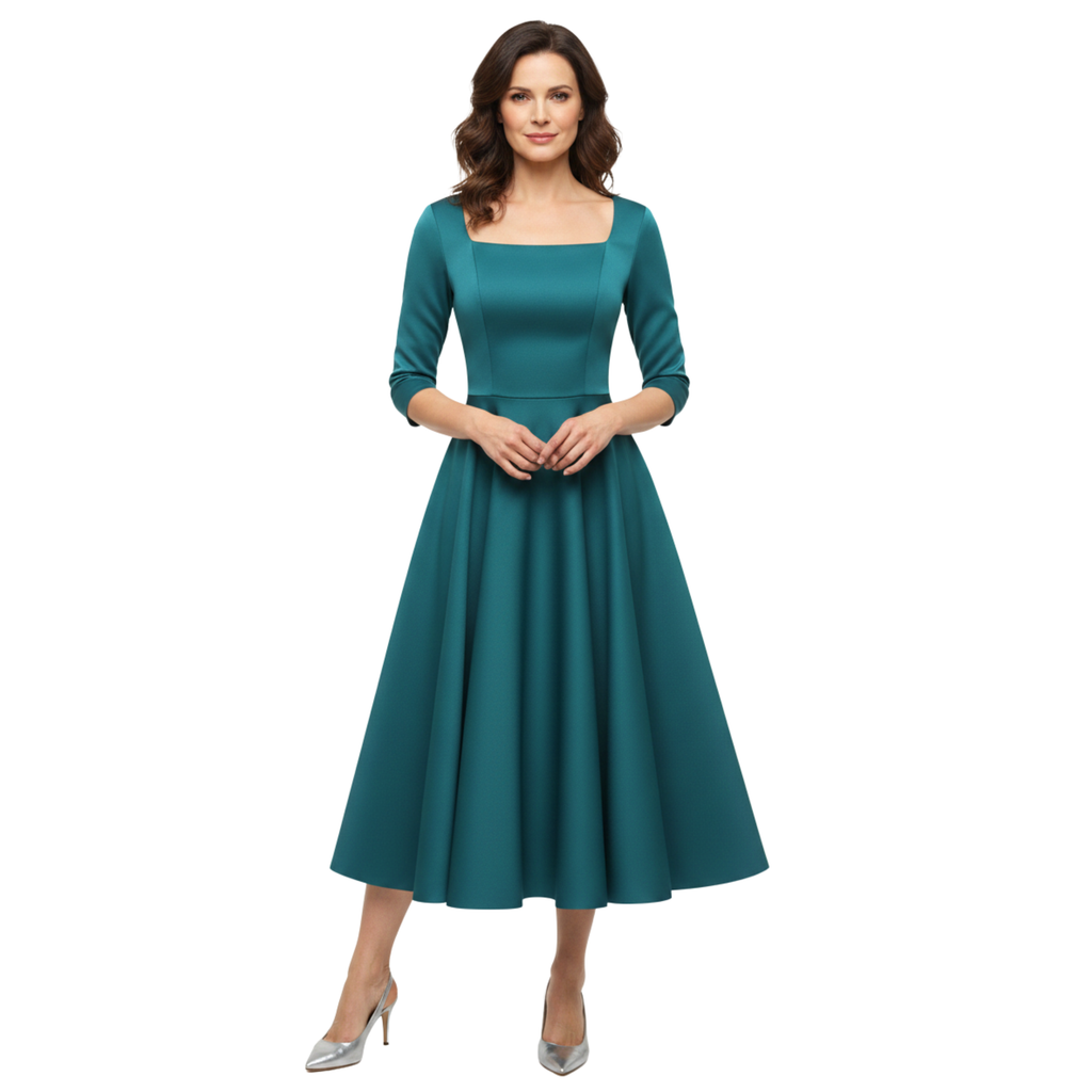 Robe de Soirée Midi Évasée à Manches 3/4 pour Invitée de Mariage