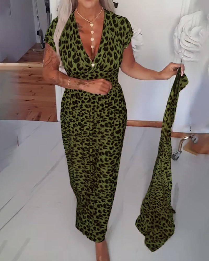 Robe Élégante Imprimé Léopard Col V