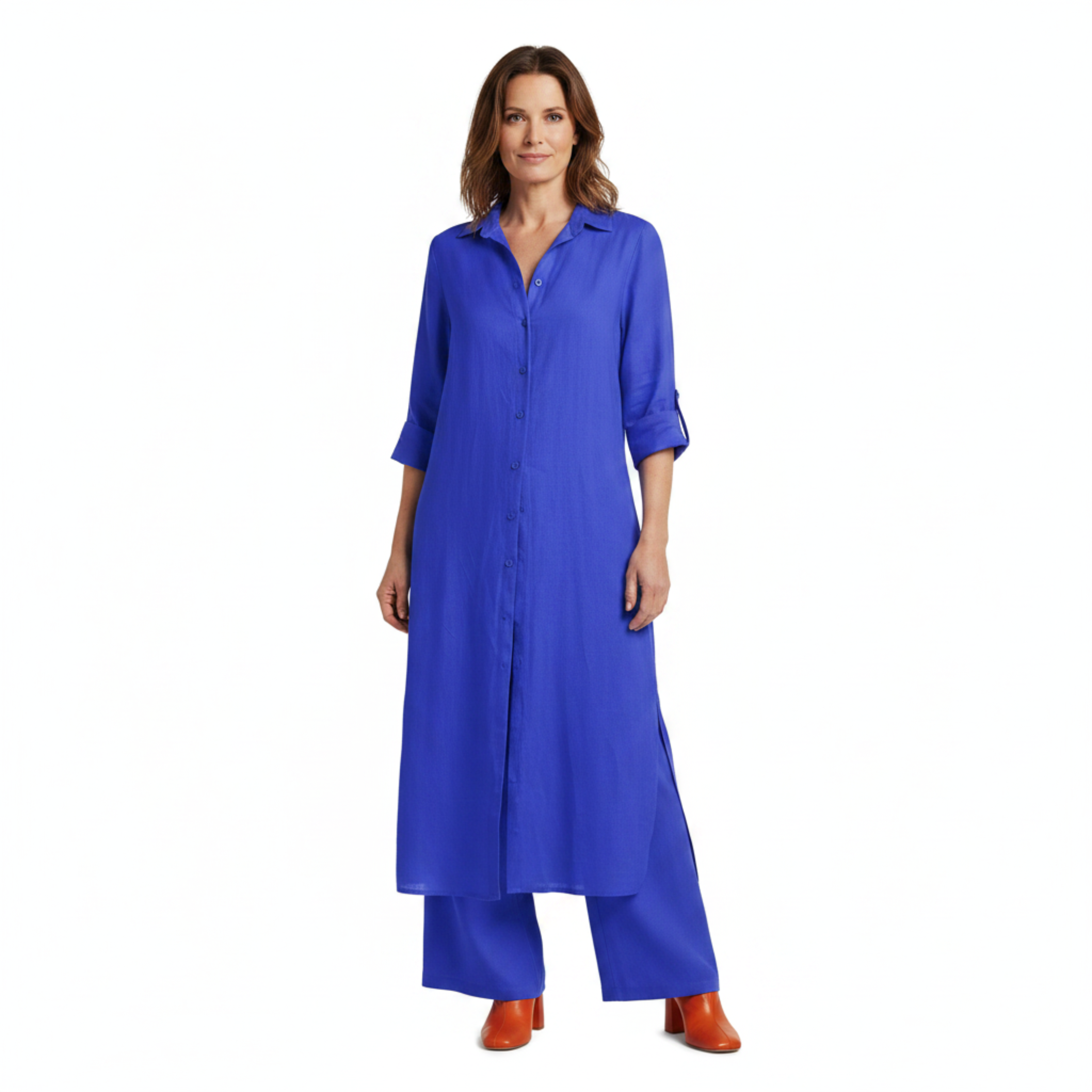 Ensemble Coordonné Chemise Longue à Boutons et Pantalon Large en Lin Mélangé