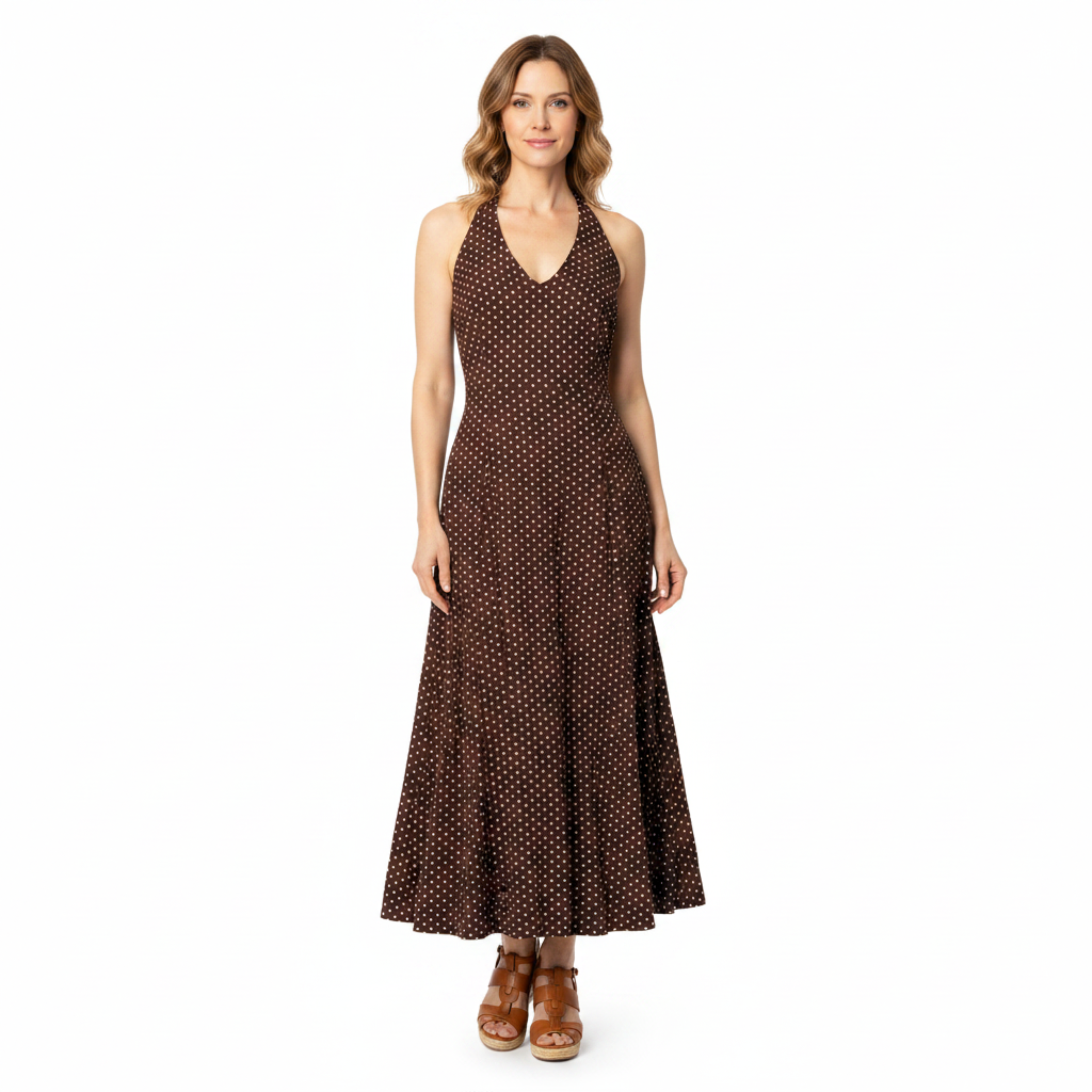 Robe Maxi à Pois pour Femme avec Col Halter et Décolleté en V Plongeant