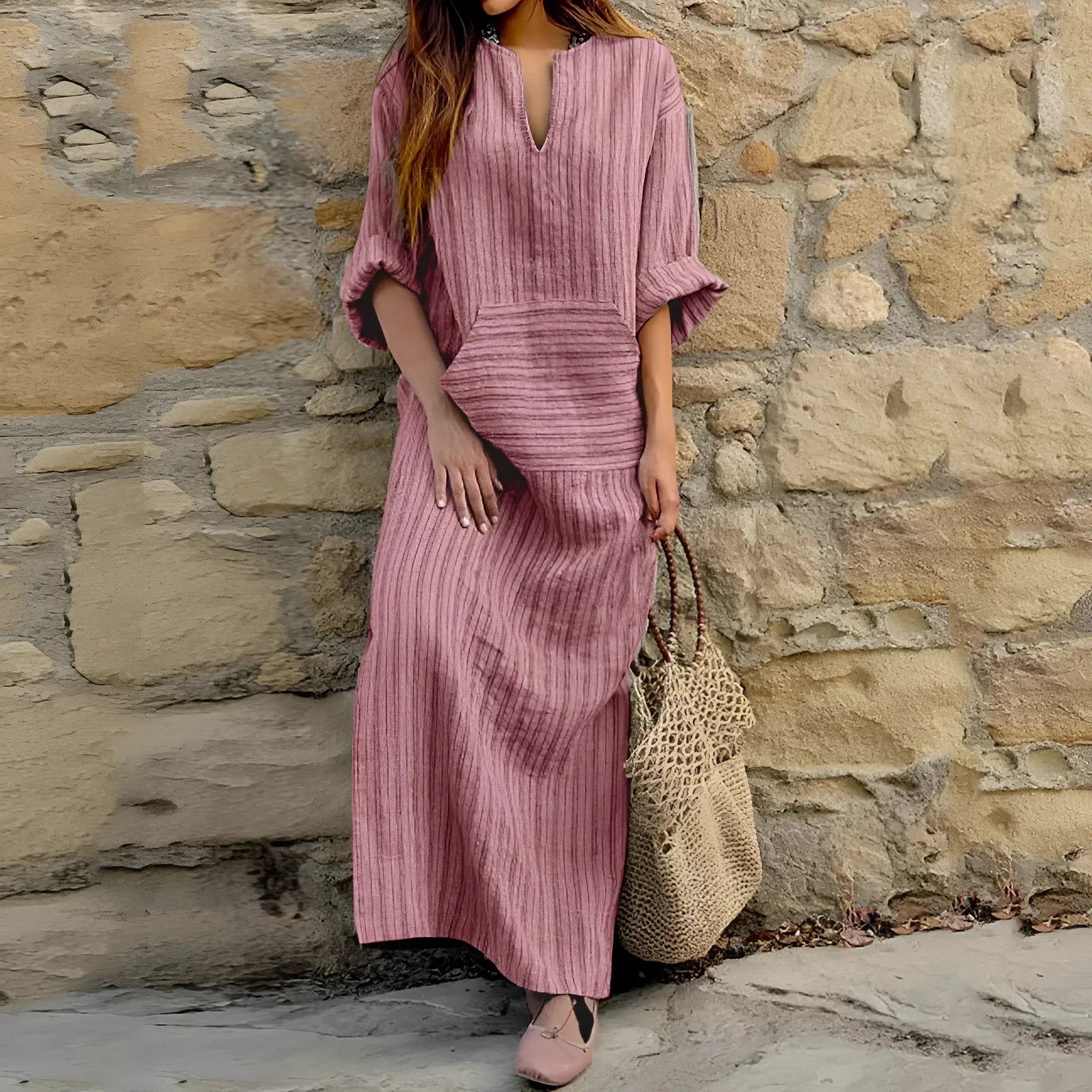 Hedwig | Robe Maxi Rayée pour Femmes avec Décolleté en V et Poches