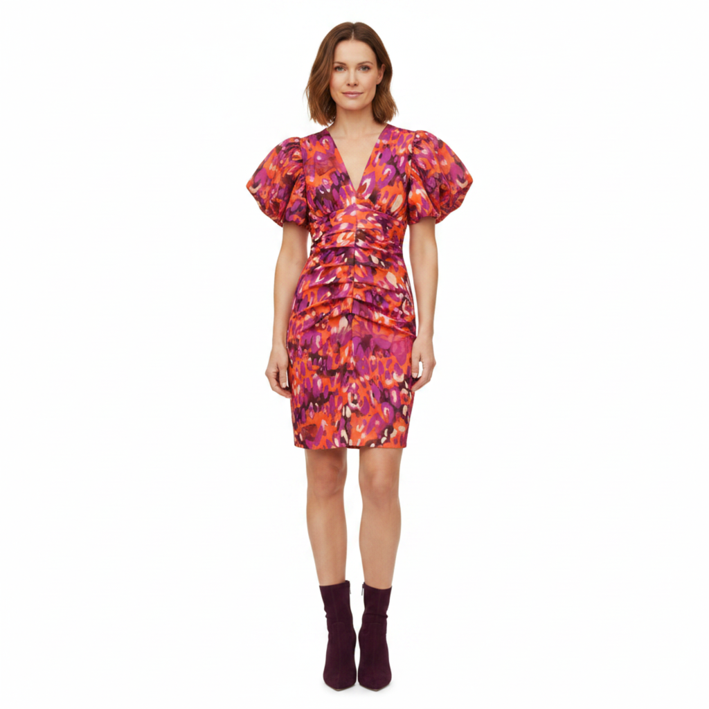Robe Mi-Longue Imprimée à Manches Bouffantes et Décolleté en V pour Femme