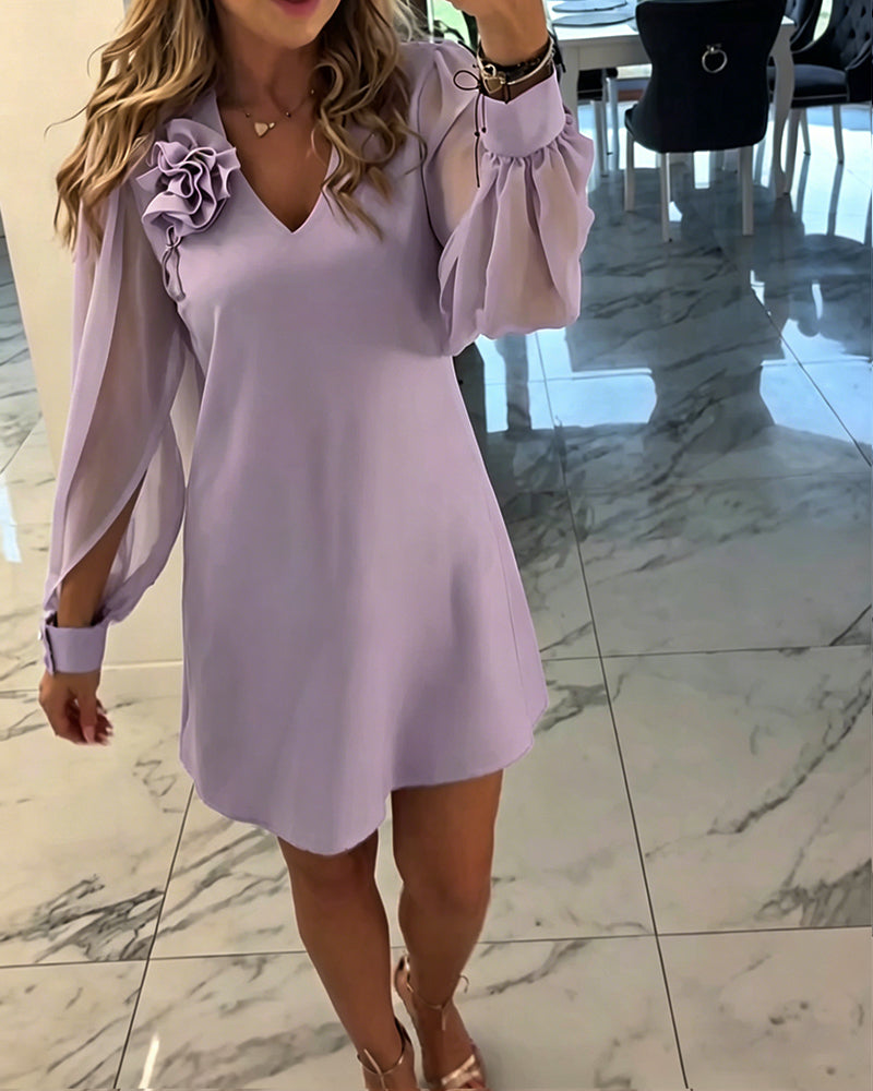 Robe à Manches Lanternes avec V-Cou et Fleurs en Trois Dimensions