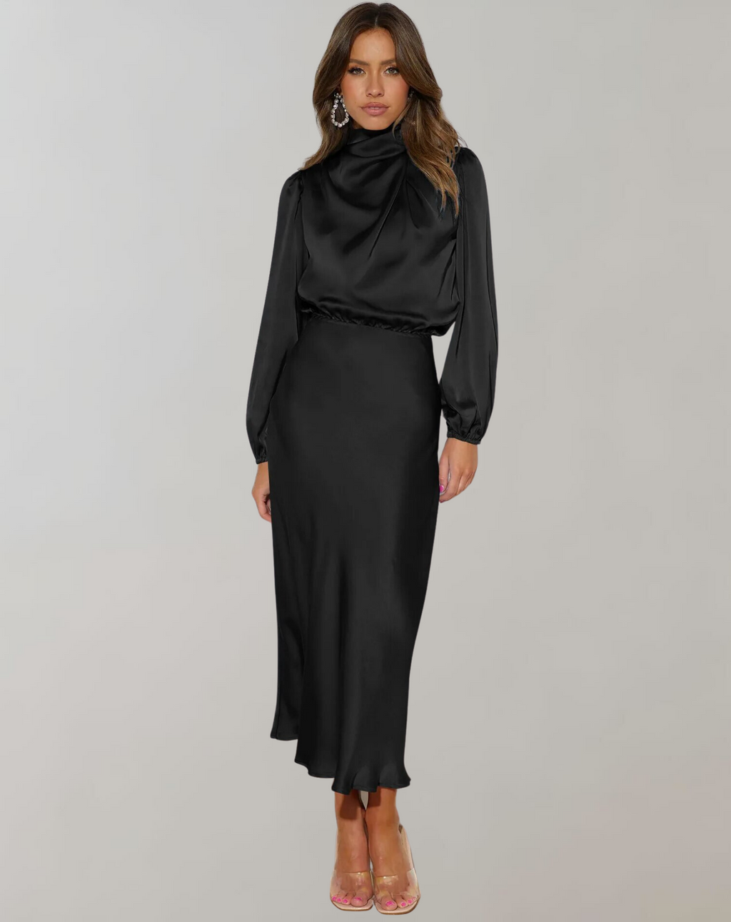 Robe en Satin pour Femme avec Col Montant et Manches Longues