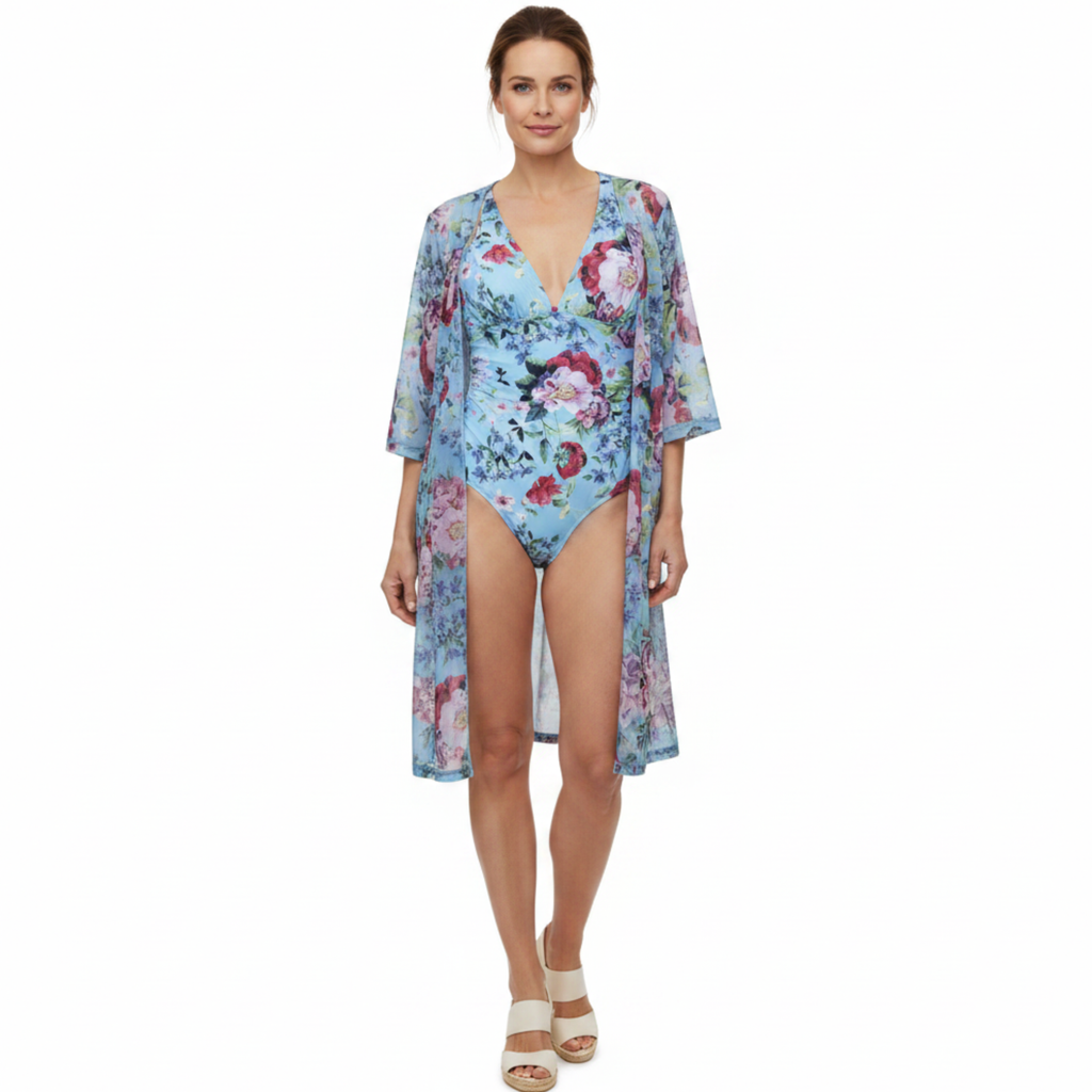Maillot de Bain Une Pièce à Motif Floral avec Kimono Fluide pour Femme