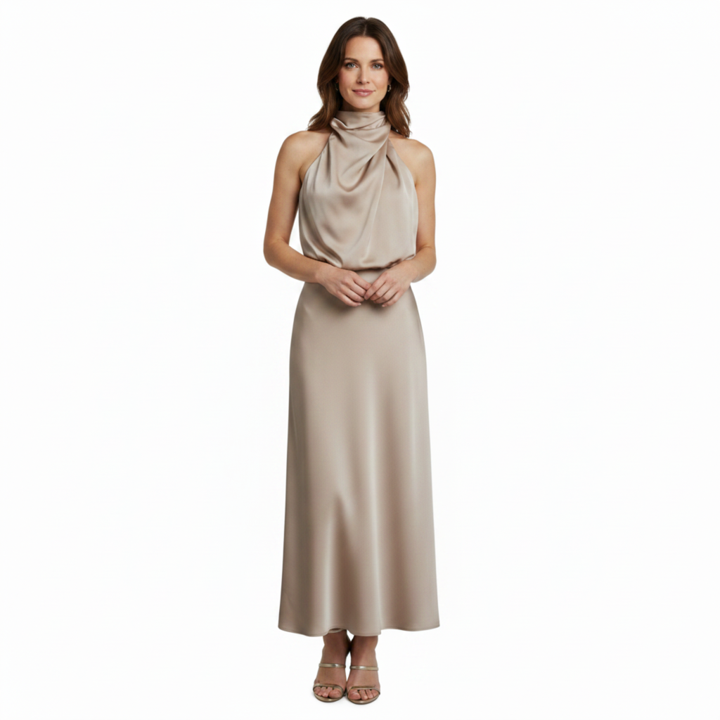 Robe de Soirée Wedding Guest Dress Satinée à Dos Nu et Encolure Américaine