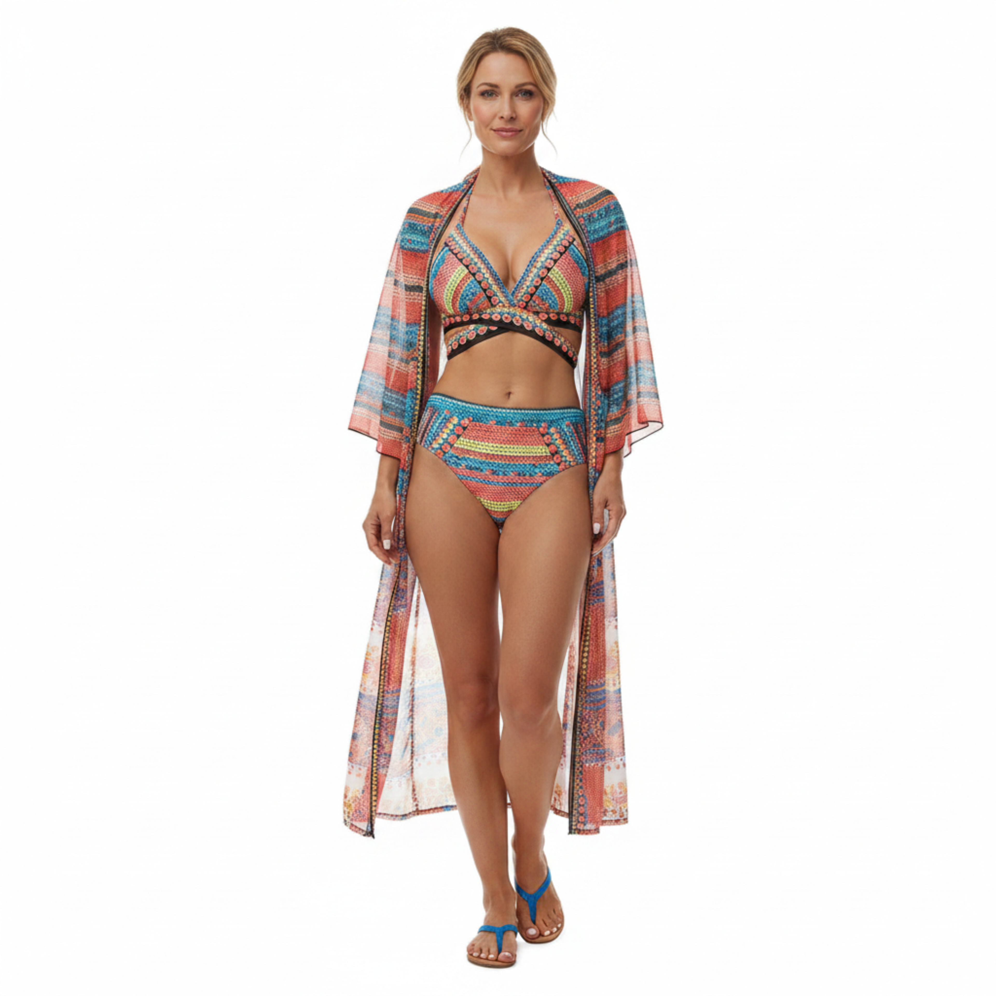 Ensemble de Bain 3 Pièces avec Culotte Taille Haute et Kimono de Plage