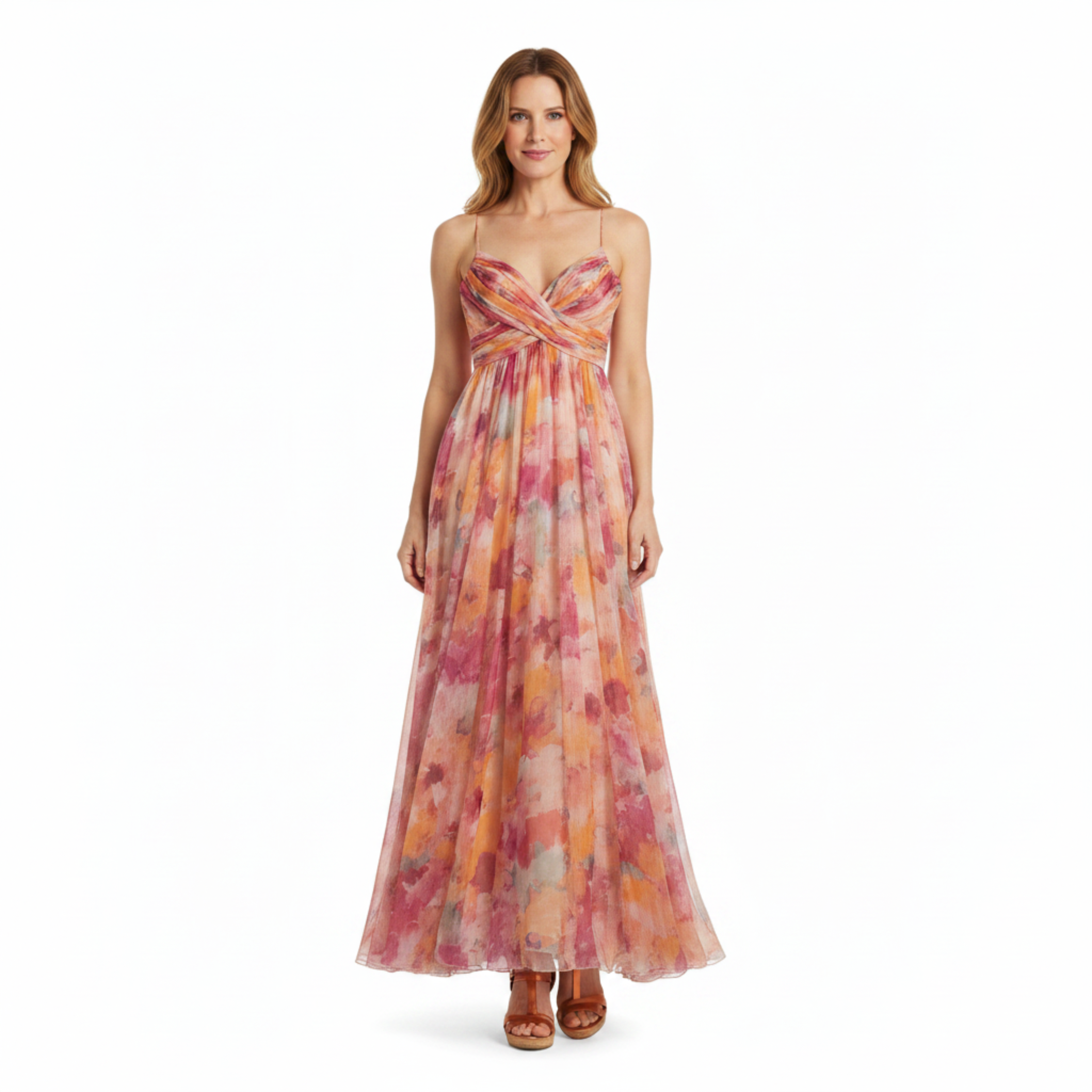 Robe Maxi Florale à Bretelles avec Dégradé et Jupe Fluide Vaporeuse
