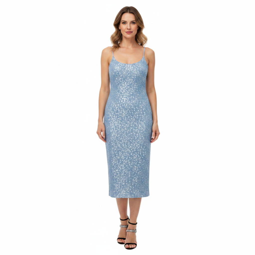 Robe Invitée de Mariage à Paillettes et Bretelles Spaghetti pour Femme