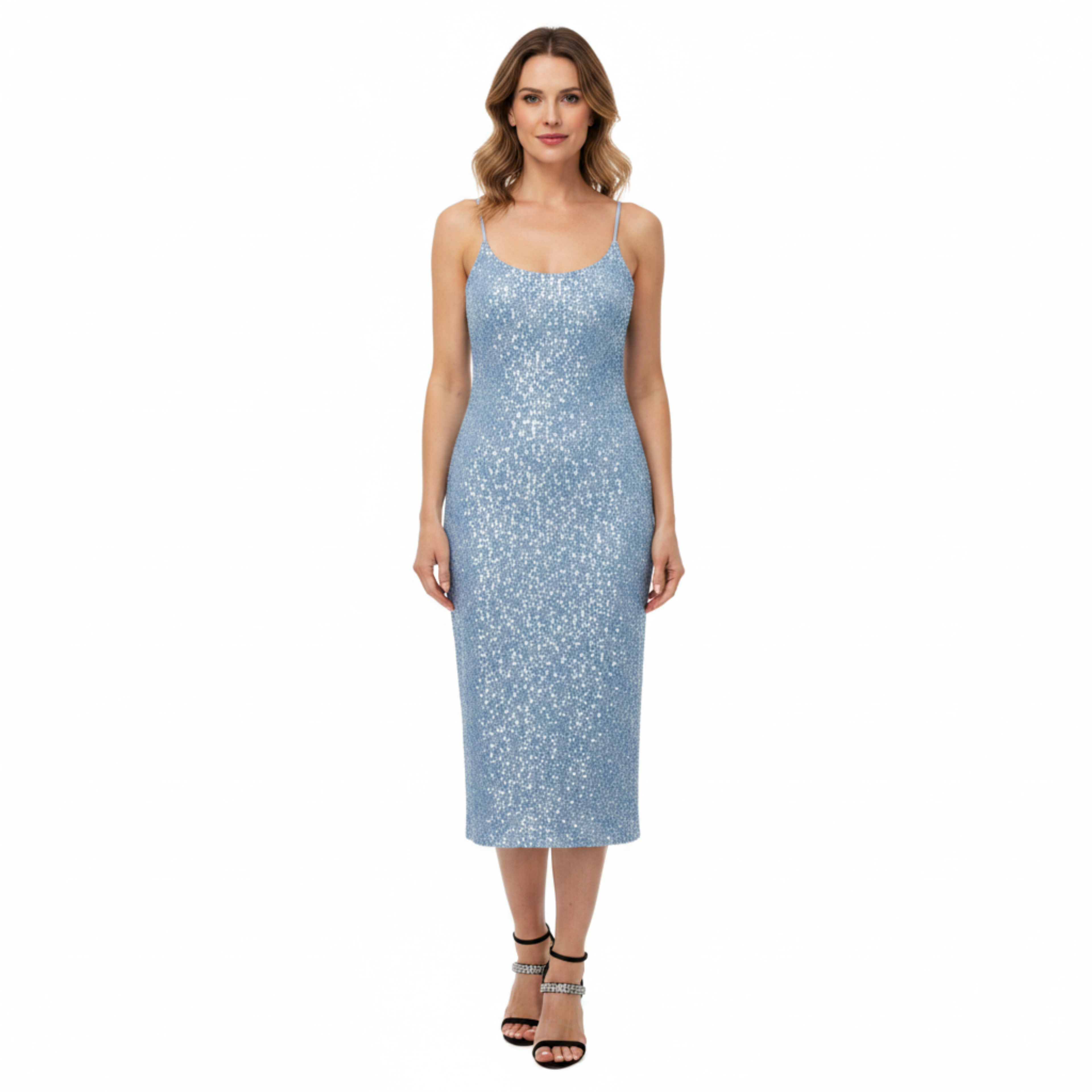 Robe Invitée de Mariage à Paillettes et Bretelles Spaghetti pour Femme