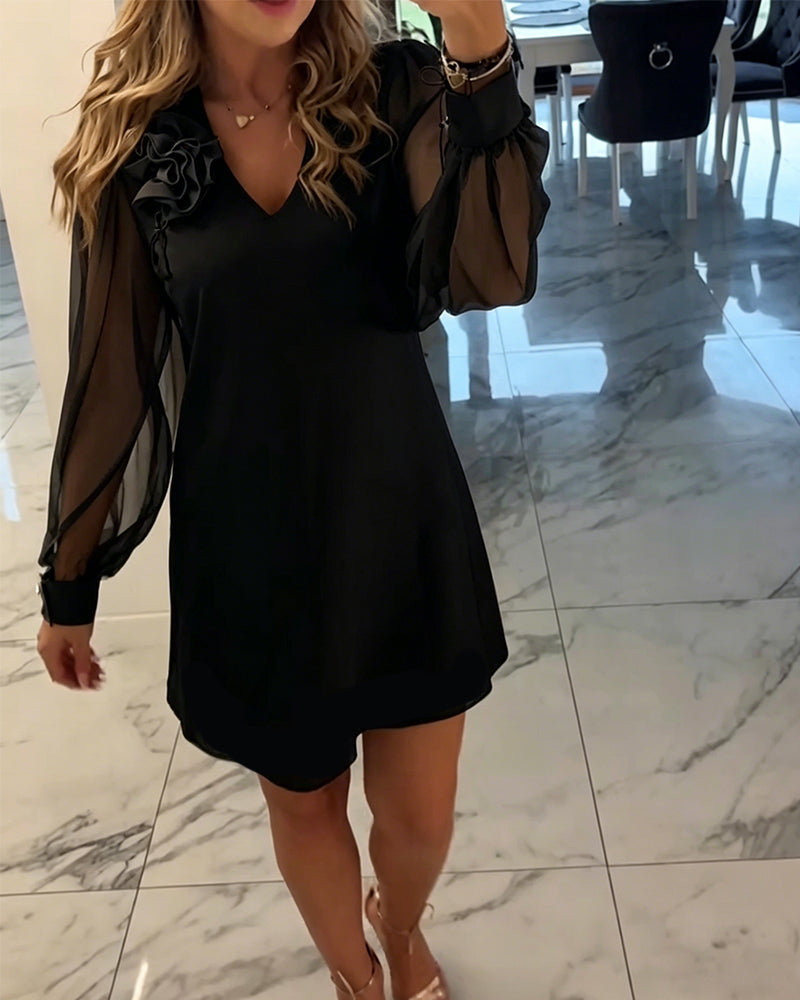 Robe à Manches Lanternes avec V-Cou et Fleurs en Trois Dimensions