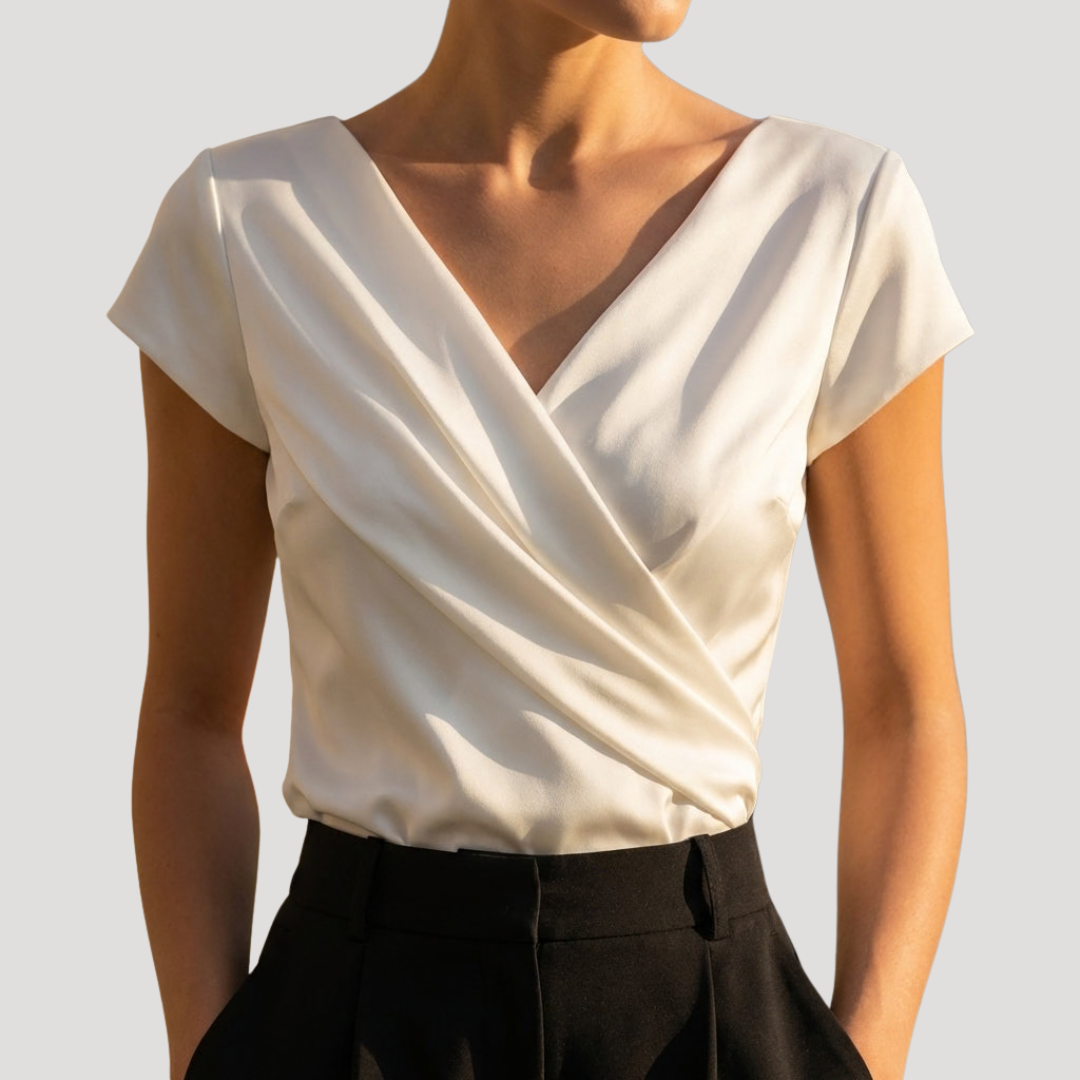 Blouse à Manches Courtes Drapée à Encolure en V pour Femmes