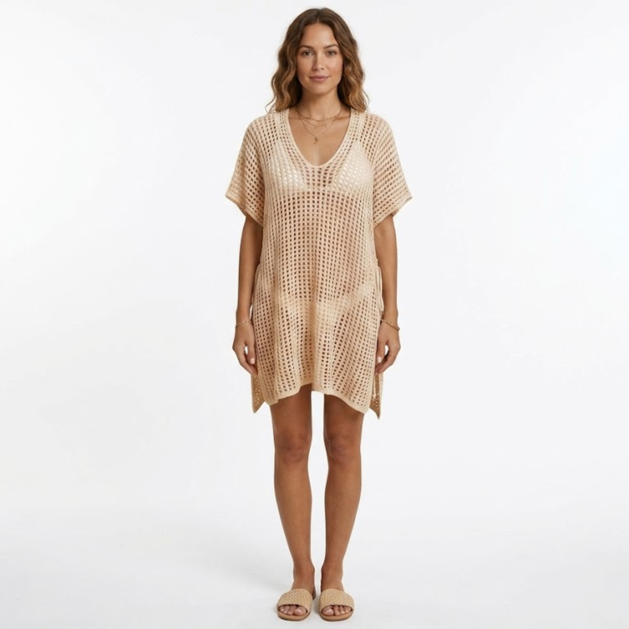 Tunique de Plage Women's Beach Cover Up en Maille Crochetée à Manches Courtes